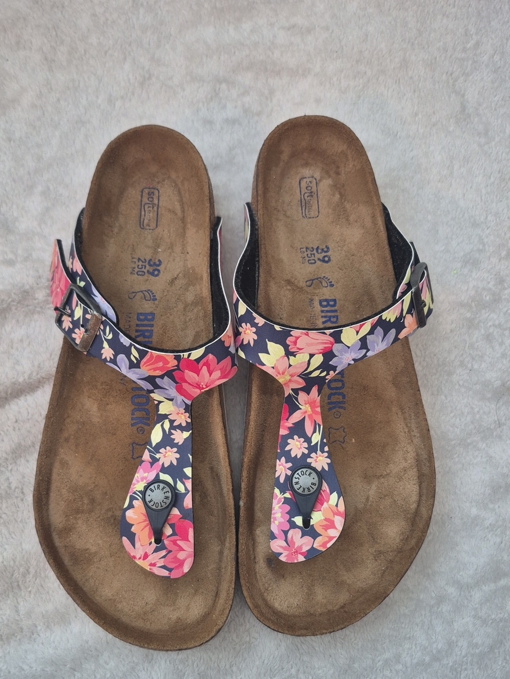 Birkenstock Floral Gizeh Thong Sandals - Navy with Pink & Purple Flowers